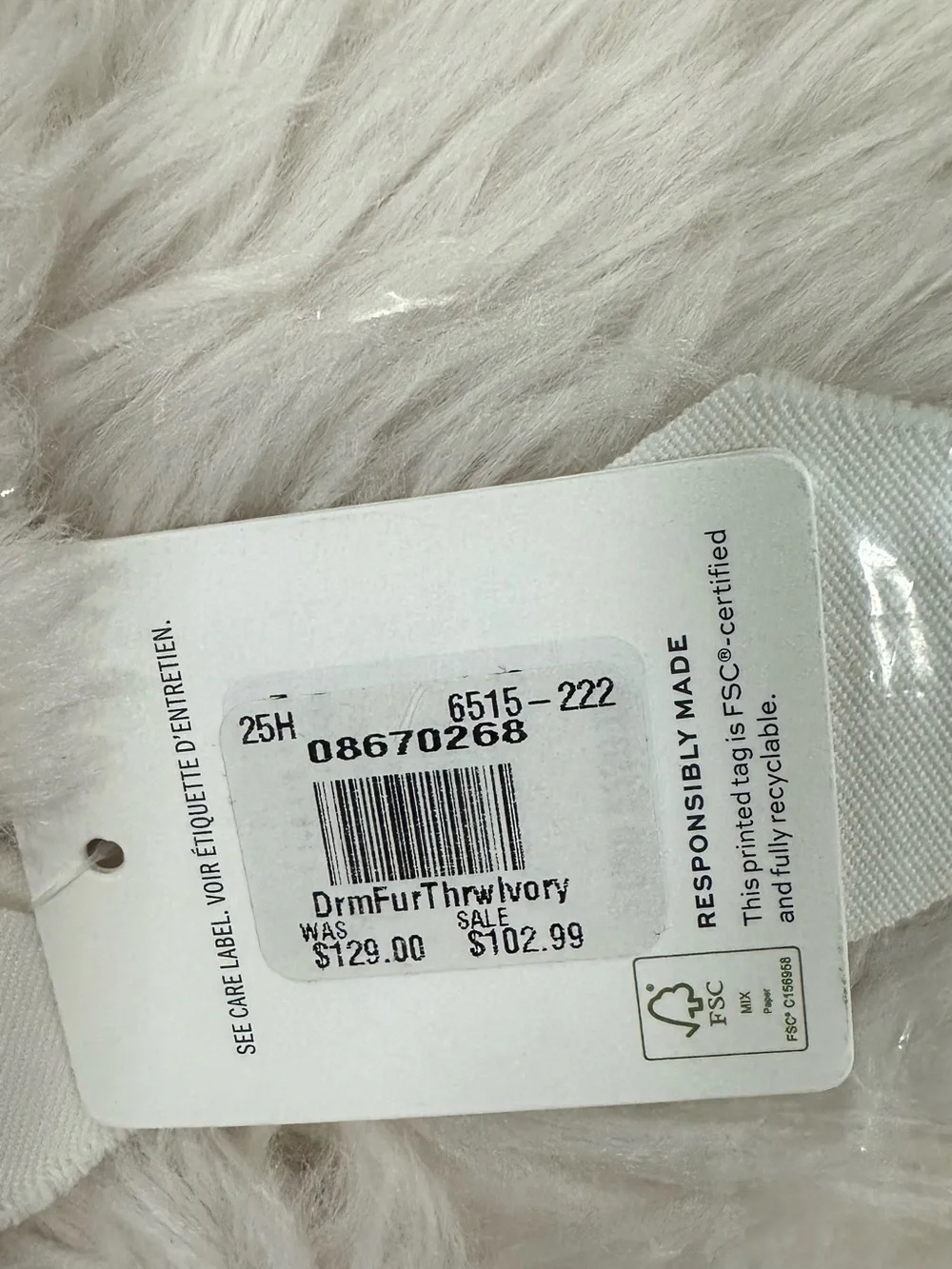 Pottery Barn NWT Dream Fur Throw, Ivory 50”x60”